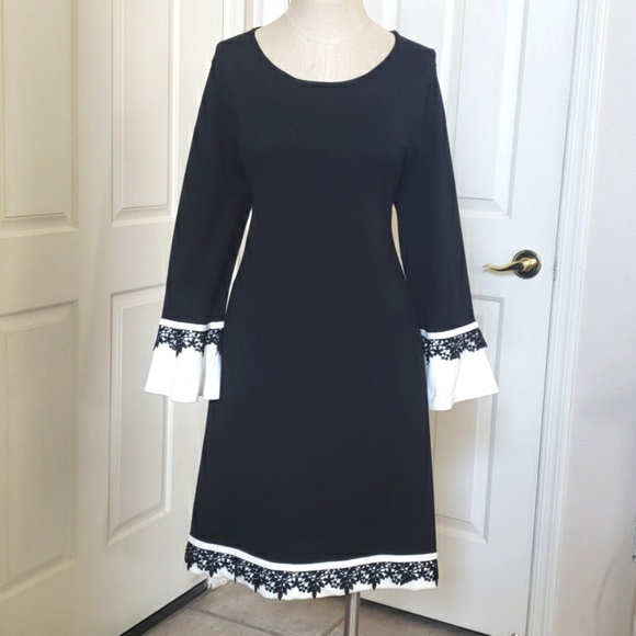 Calvin Klein Dresses & Skirts - 💐 CALVIN KLEIN Black Ivory Dress Long Sleeves Bell Cuffs Crochet Lace Trim